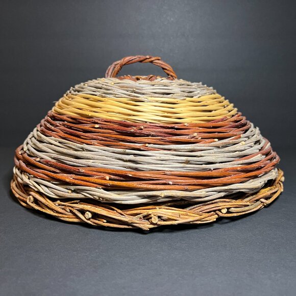 Woven Wicker Rattan Multi-Color Striped Food Cover w/ Base & Handle 13 x 6" - Picture 2 of 6